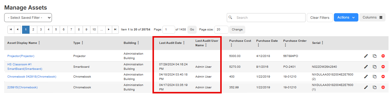 Manage assets page with audit information highlighted.